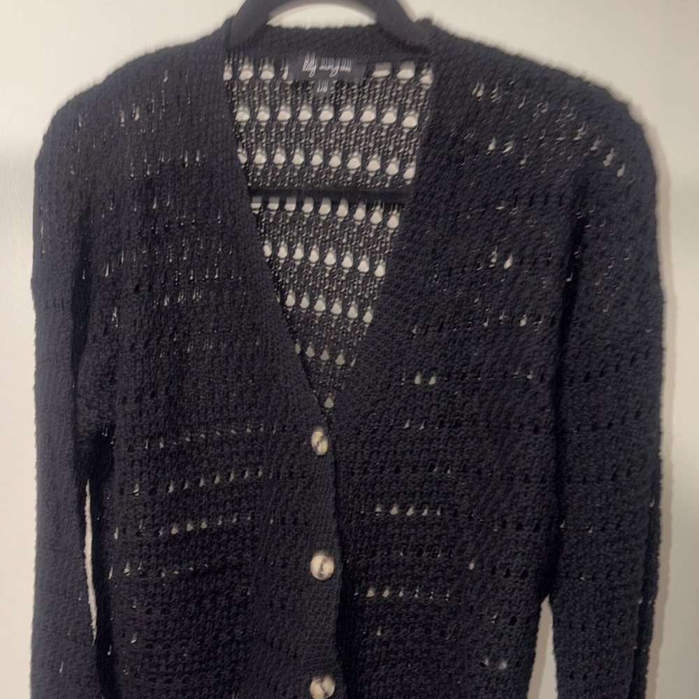 Black Open-Knit Button-Front Women's Sweater tricot de Cotton